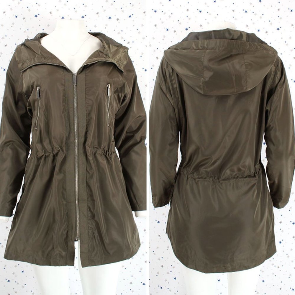 Hooded Zip Up Windbreaker Utility Jacket Olive